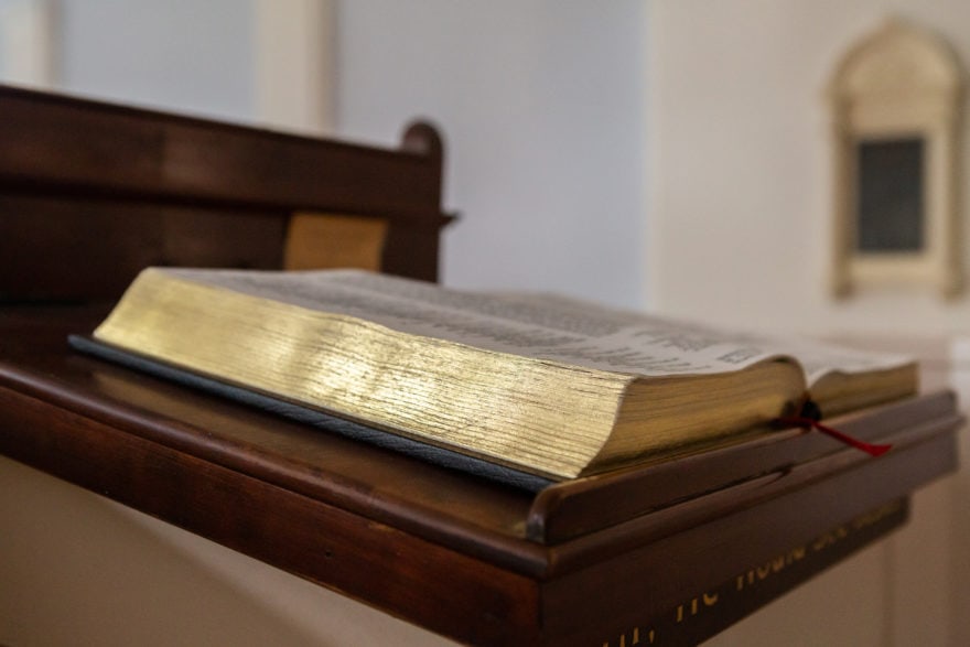 A Bible in the pulpit of Catonsville Presbyterian Church