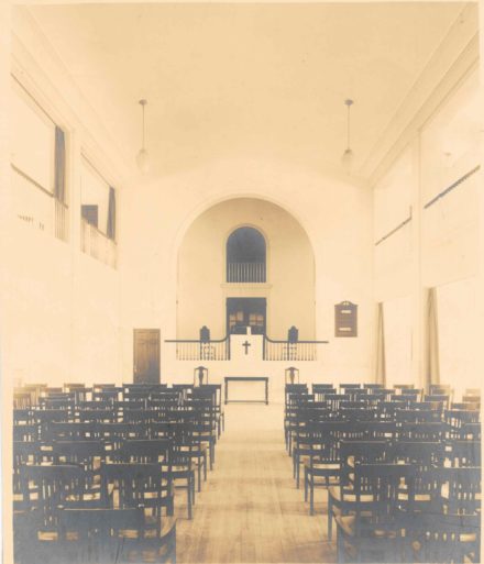 Original wing and its configuration for worship (now the Fellowship Hall). Photo ca. 1922-1928