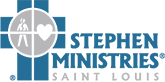 Logo for Stephen Ministries. A blue cross with an outline of a person next to a heart.