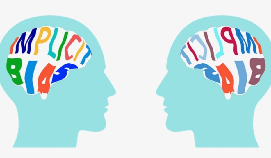 Silhouettes of 2 heads with the words "implicit bias" written on the brains