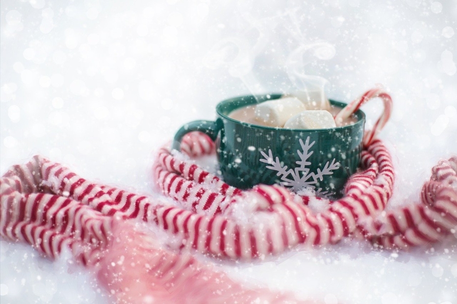A green mug of steaming hot cocoa sits in the snow, wrapped in a red and white striped scarf.