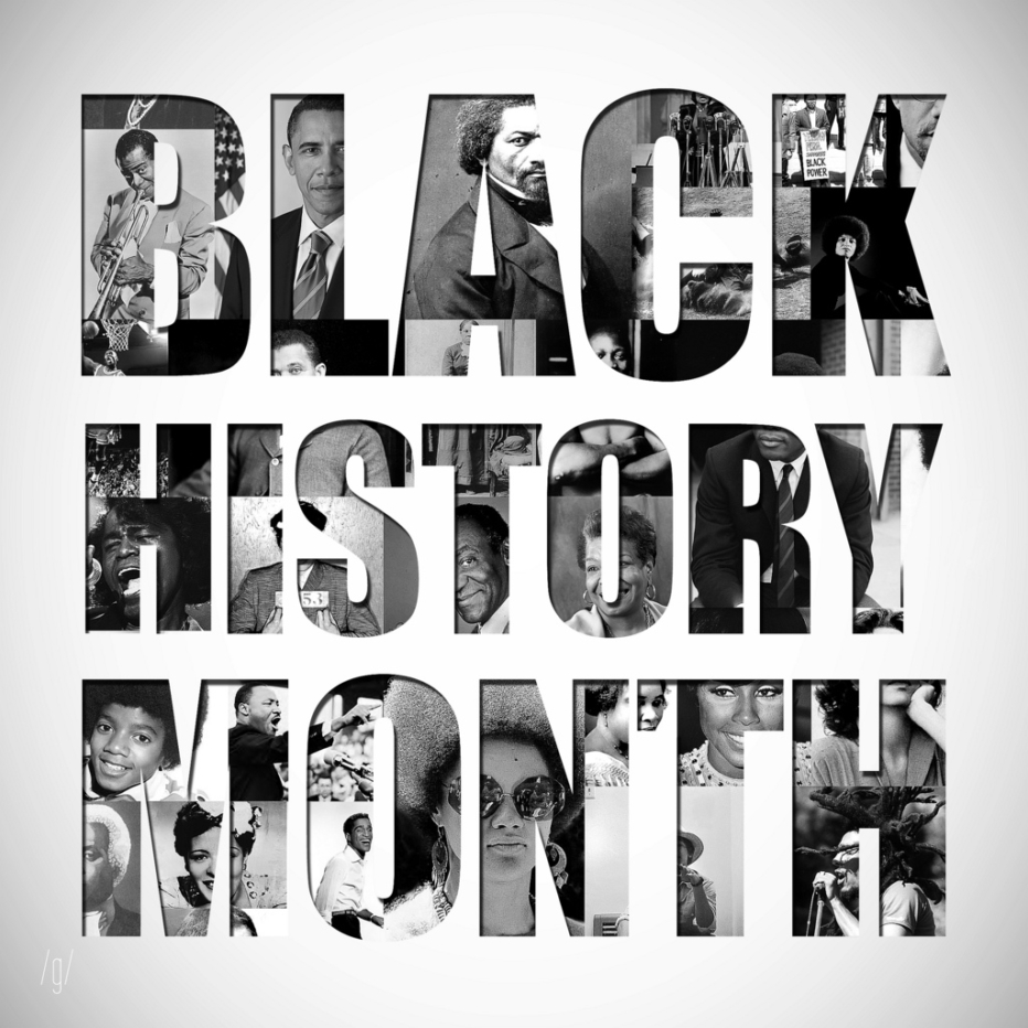 Each letter of the words "Black History Month" shows a photo of an important Black American.