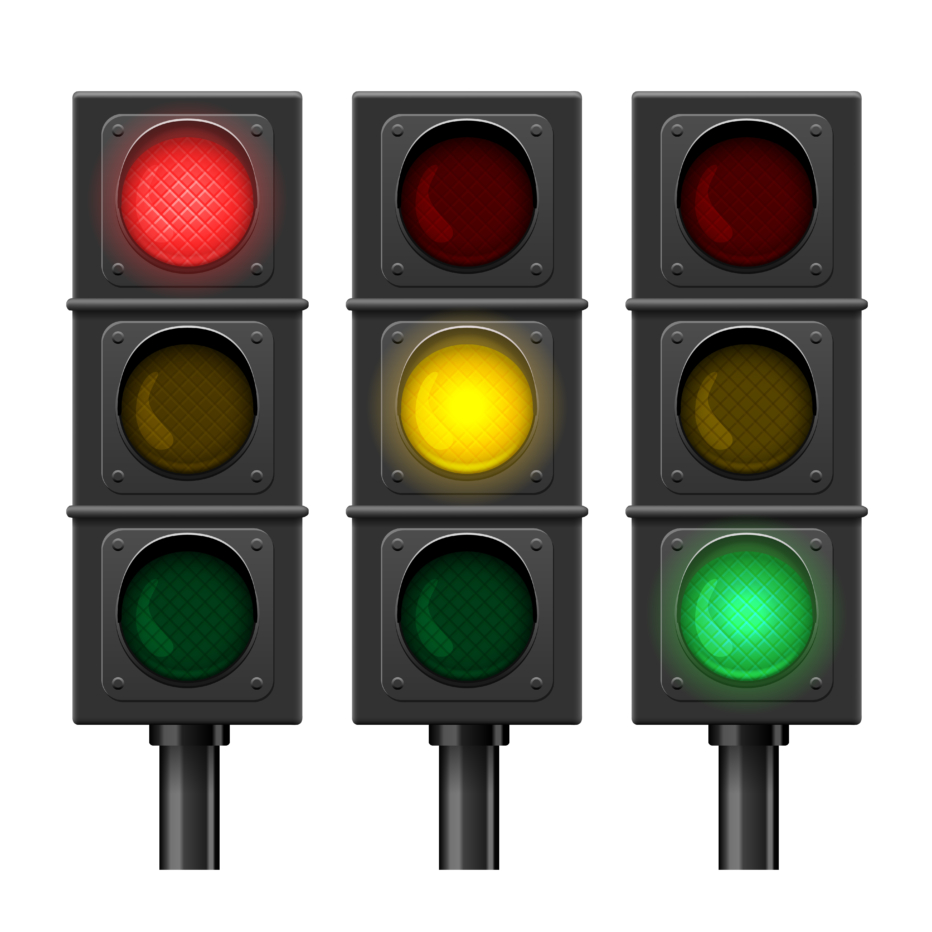 3 traffic lights side-by-side. The first has red lit up, the next yellow, the next green.