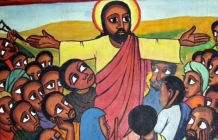 Black Jesus preaching to crowd