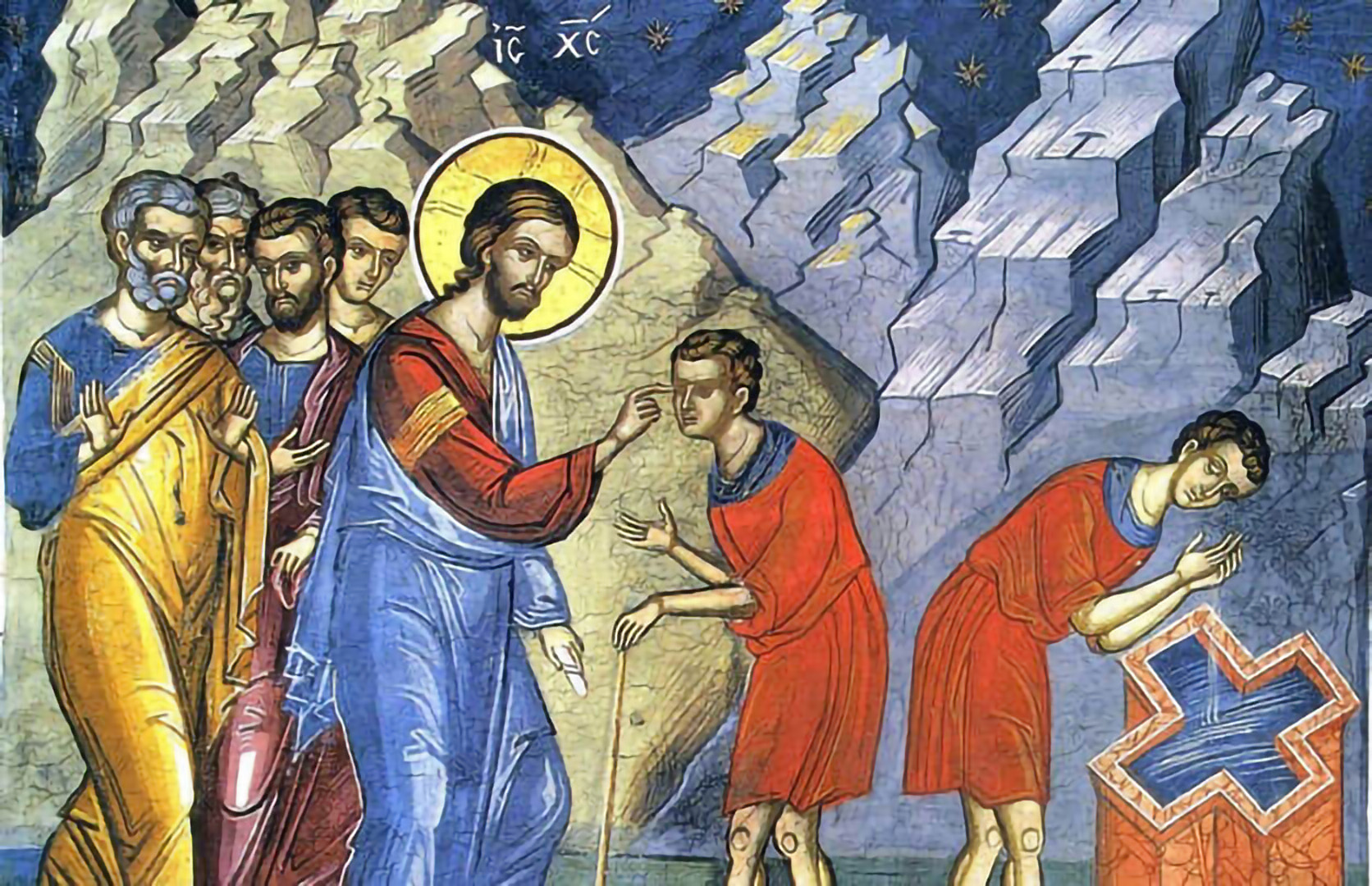 Painting of Jesus wiping mud in man's eyes