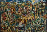 Wide painting of Triumphal Entry in earthy colors