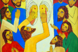 Painting of Thomas touching Jesus' hands in bright primary colors