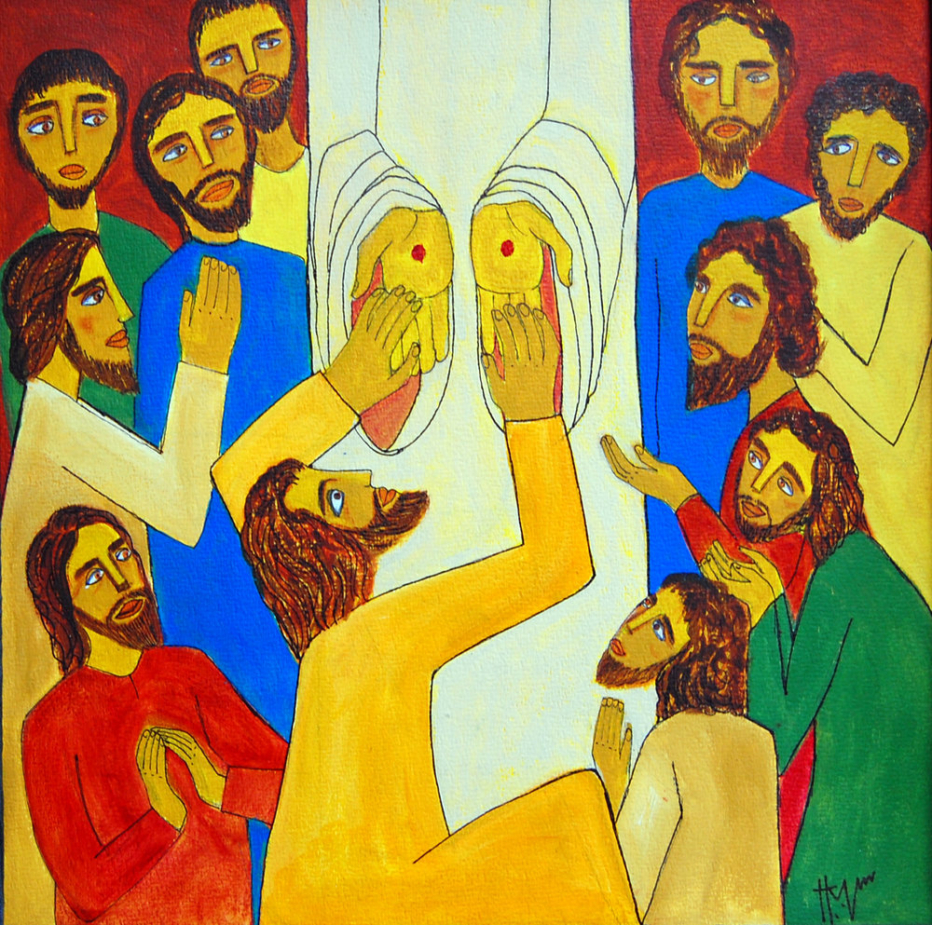 Painting of Thomas touching Jesus' hands in bright primary colors