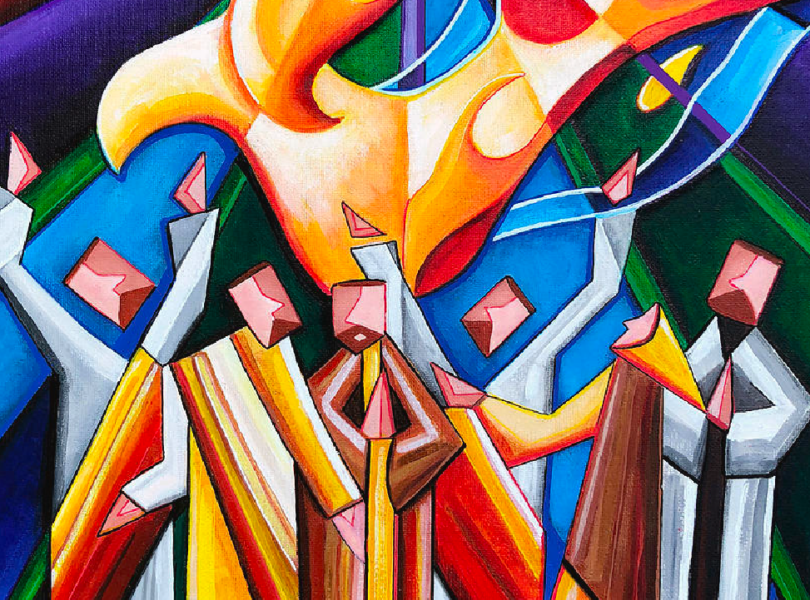 Cubist painting of Pentecost among disciples