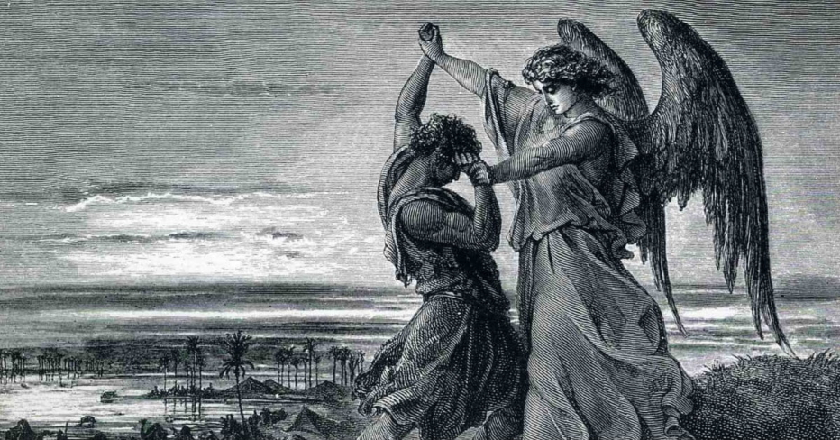 Engraving of Jacob wrestling angel