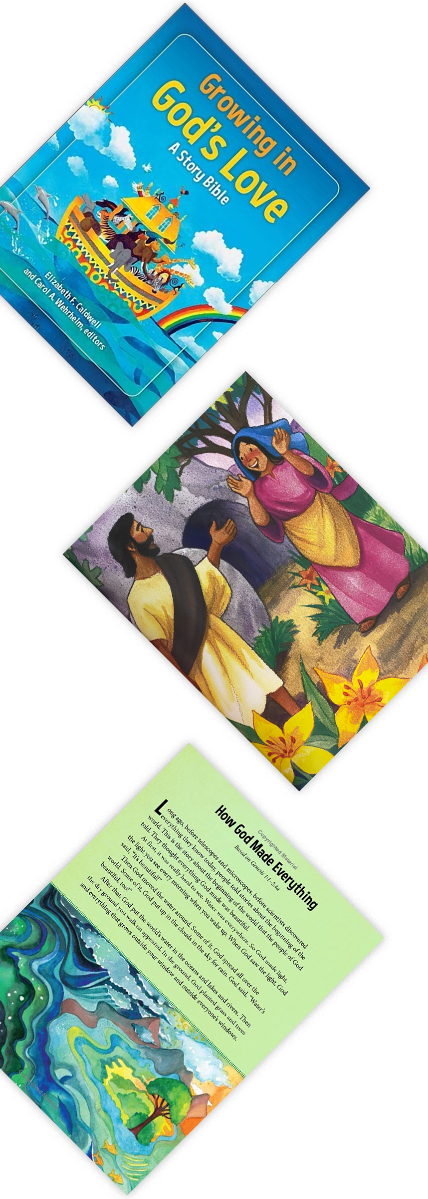 Three colorful panels of a children's Bible