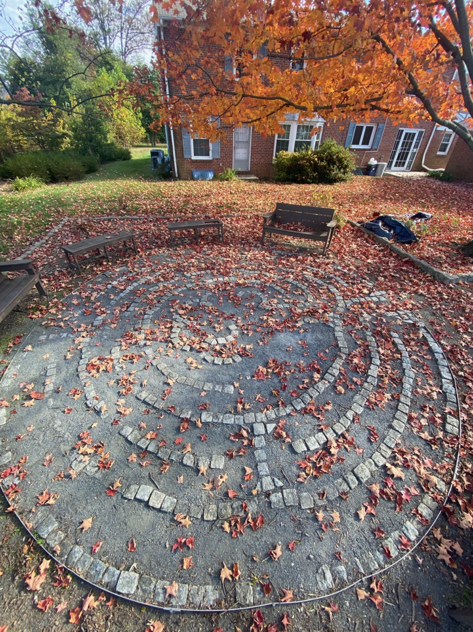 Walking labyrinth covered in leaves