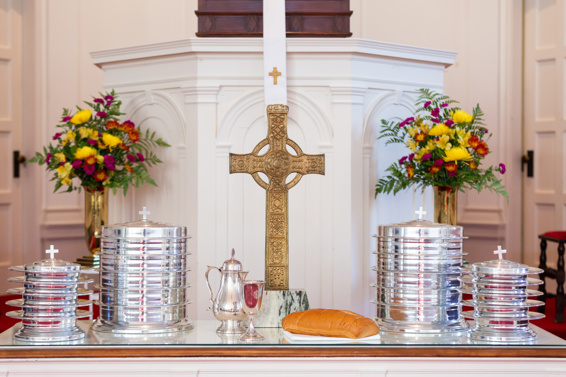 Flower arrangements and Communion trays